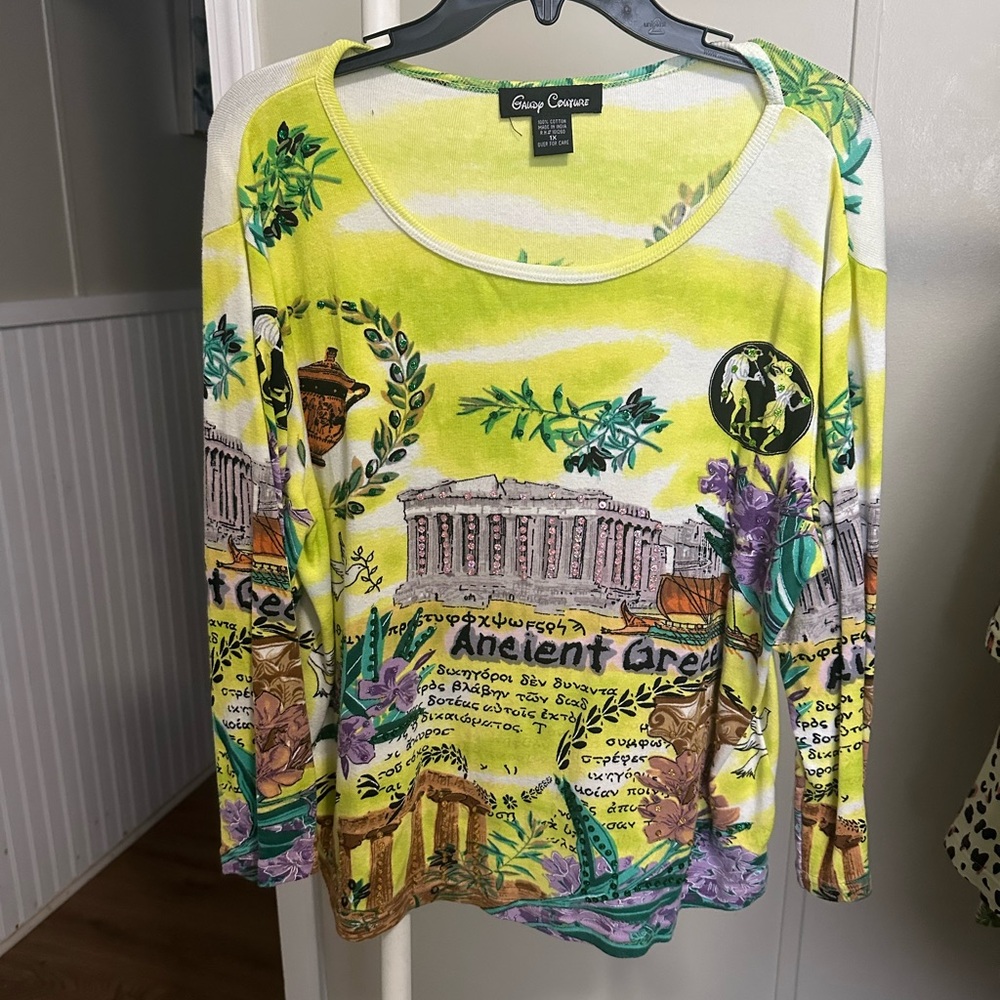 Gaudy Couture Women’s Long sleeve Embellished Top with Ancient Greece Graphic 1X